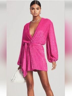 NWT Retrofete Gabrielle Bright Fuchsia Sequined Robe Mini Dress